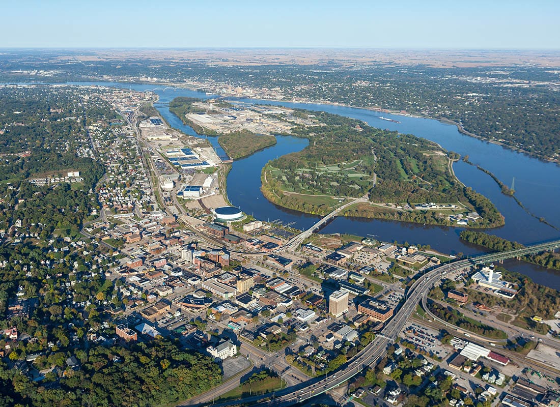 Moline, IL - Aerial View of Moline, Illinois on Mississippi River